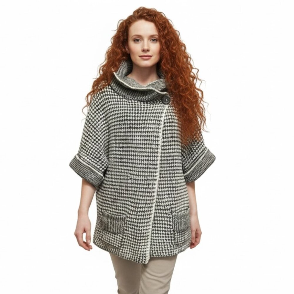 Press Gray & White Chunky Textured Knit Asymmetrical Cowl Neck Sweater Size M